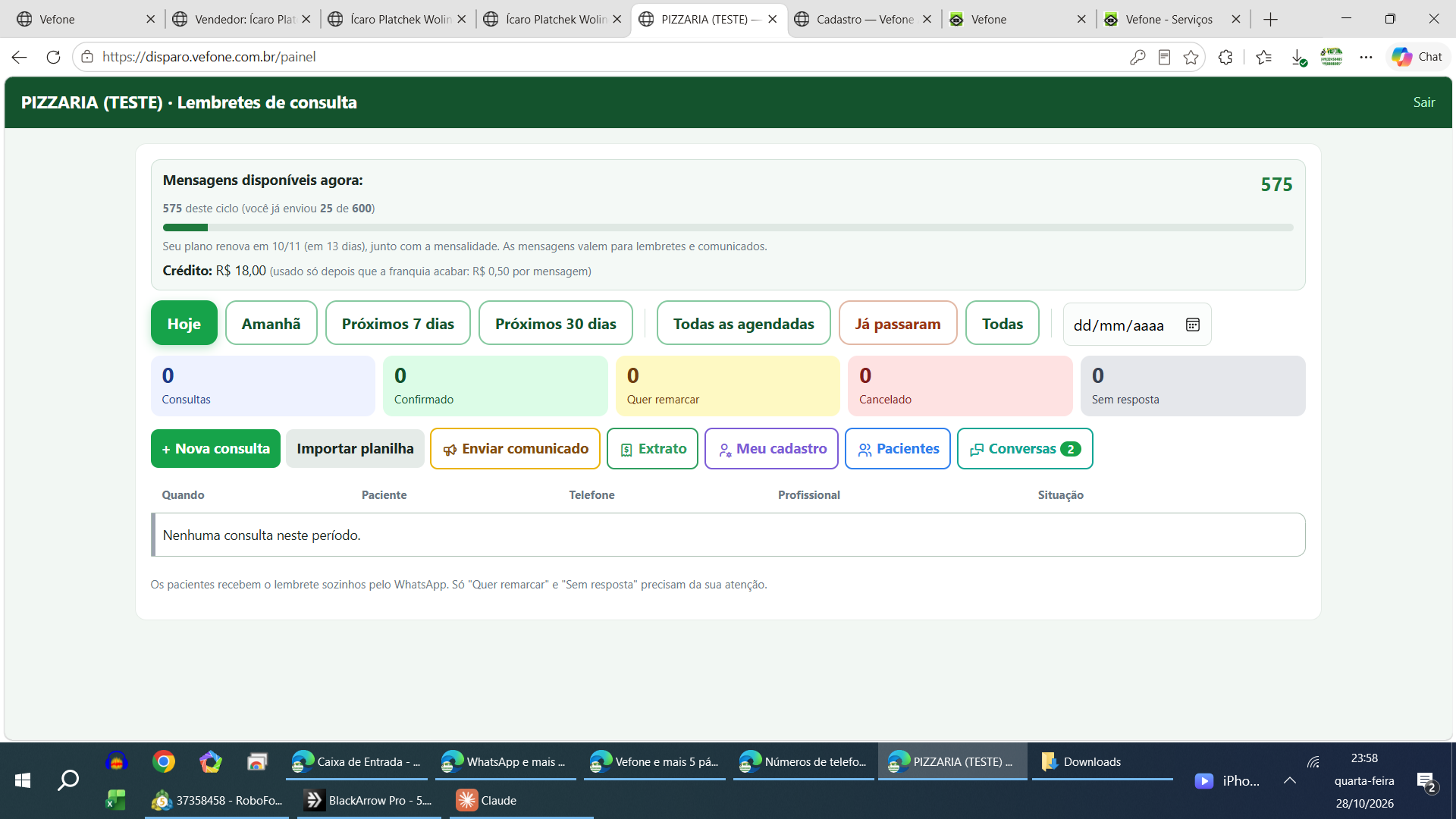 Clinic dashboard: appointments for today, tomorrow and coming days, new appointment, import spreadsheet, send notice, patients and conversations