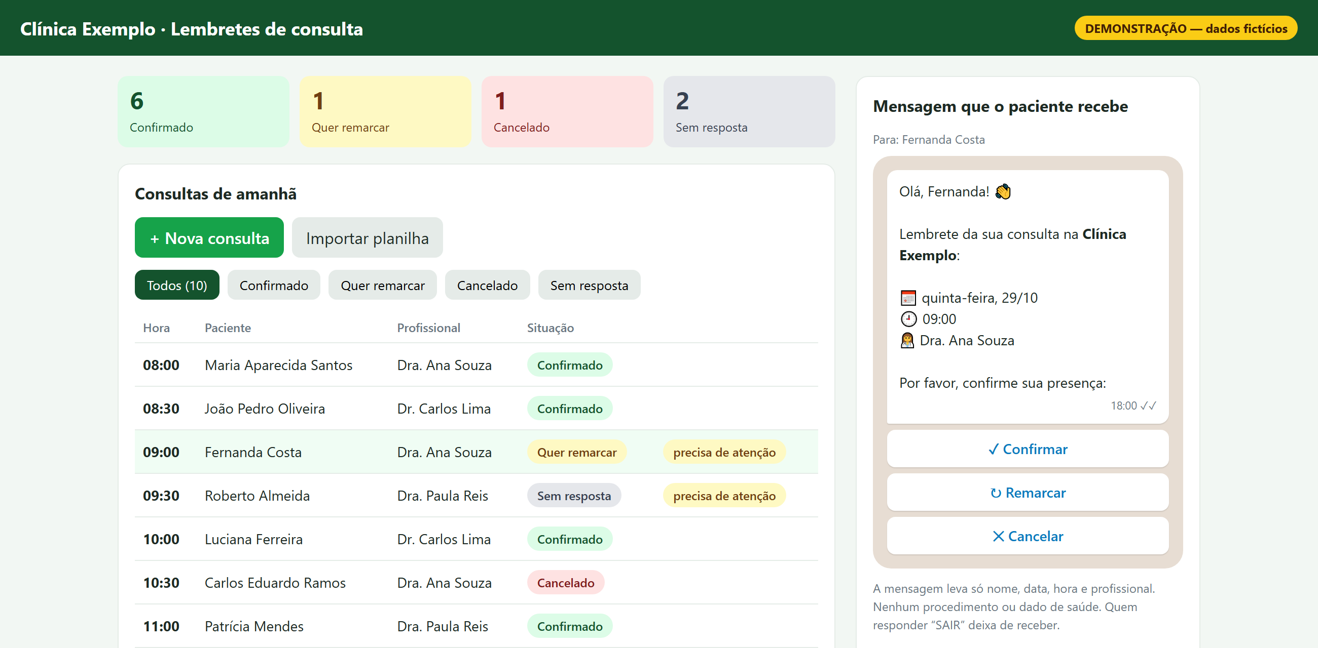 Clinic dashboard: tomorrow’s appointments with each patient’s status and the confirmation message sent by WhatsApp