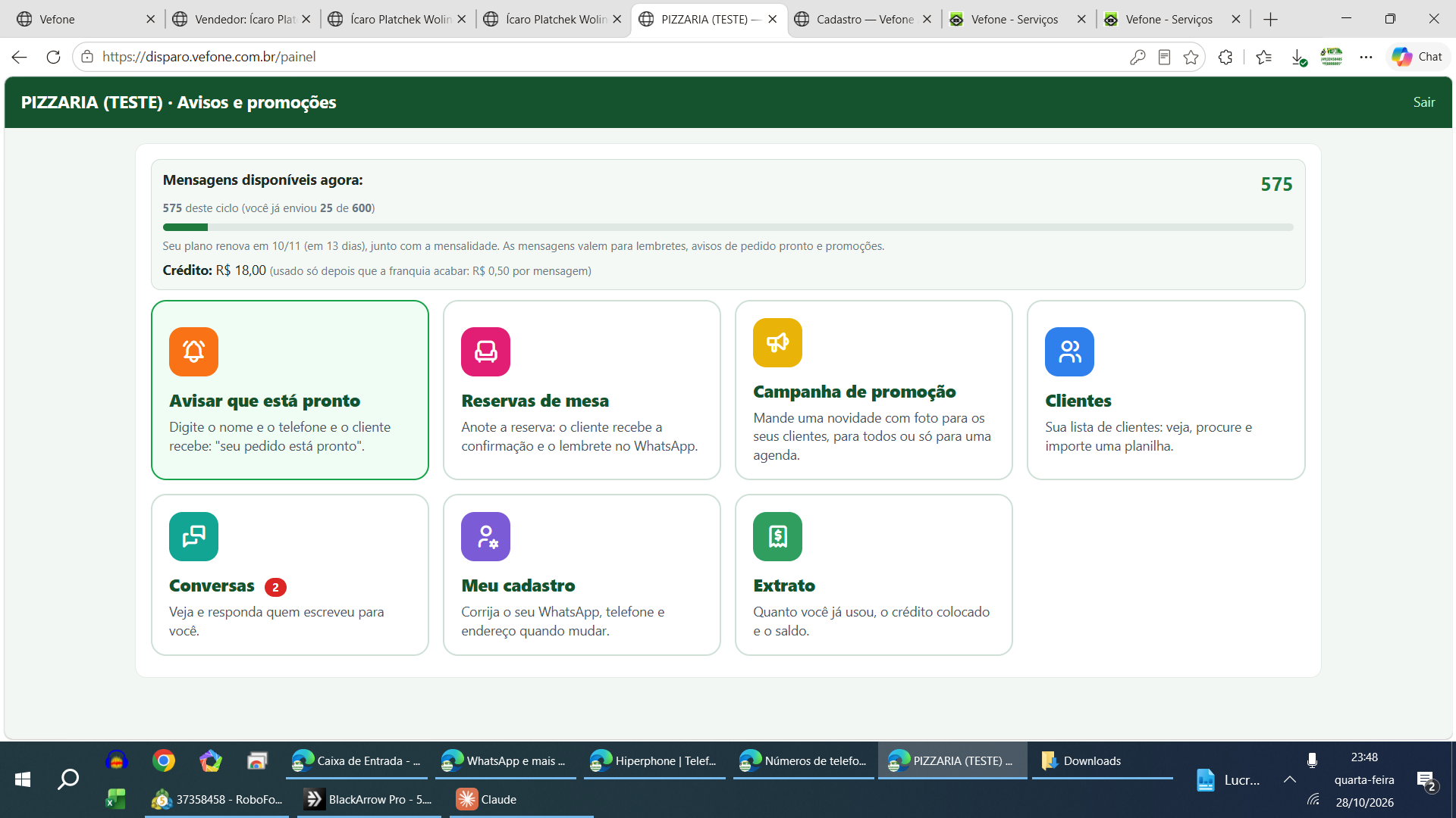 Customer dashboard: order-ready alerts, reservations, promotion campaigns, customers, conversations